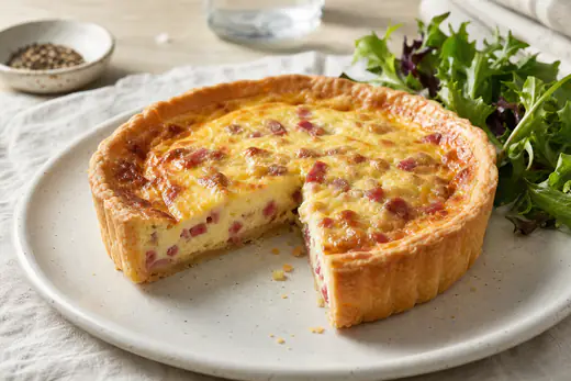 Petite quiche lorraine dorée dans un moule rond de 18 cm, une part découpée montrant les lardons et l’appareil pris