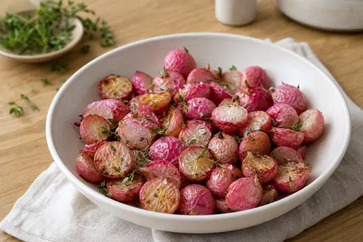 Radis roses rôtis coupés en deux, tendres et dorés, avec du thym et une pincée de fleur de sel dans une assiette creuse