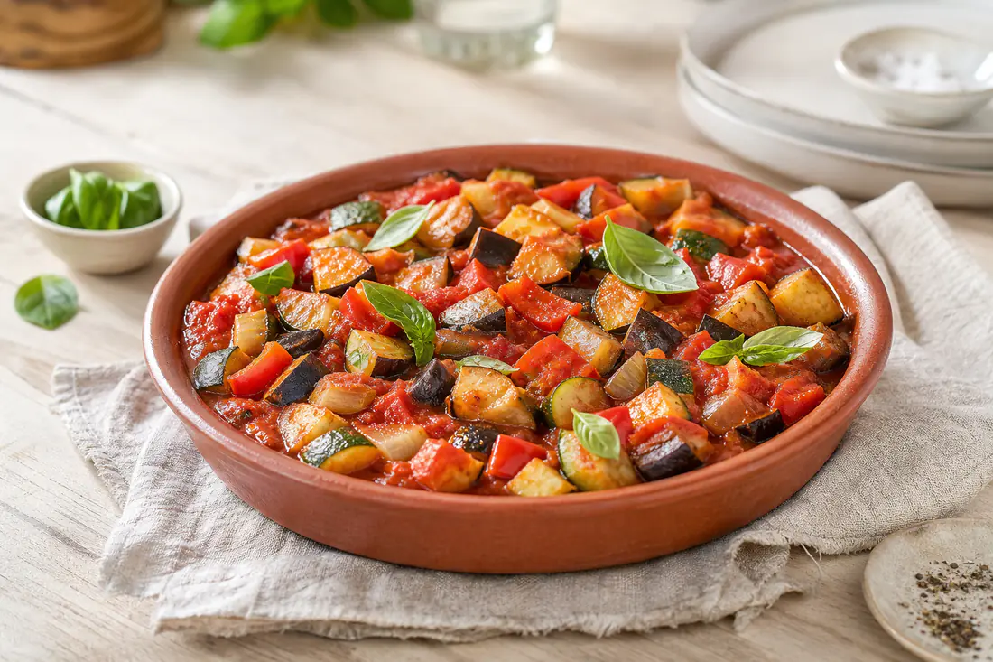 Ratatouille de cubes d’aubergine, courgette, poivron et oignon dans une sauce tomate, avec du basilic, dans un plat en terre cuite