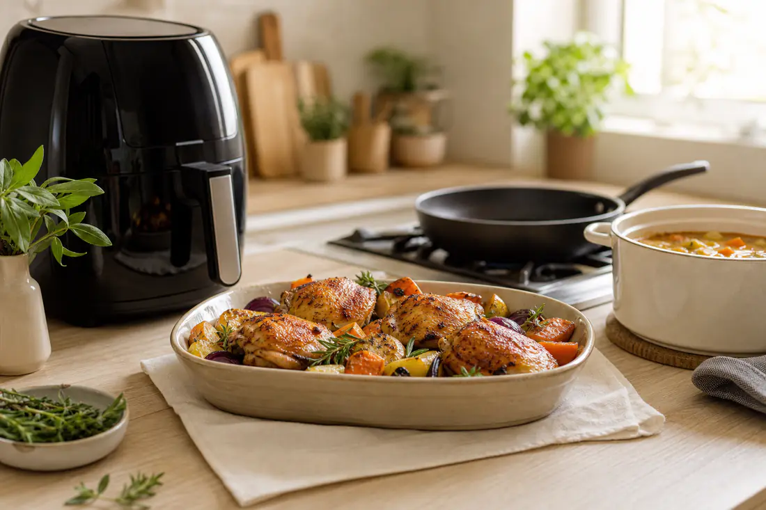 Un air fryer posé sur un plan de travail à côté d’une poêle, d’une casserole de soupe et d’un plat de légumes et de poulet doré