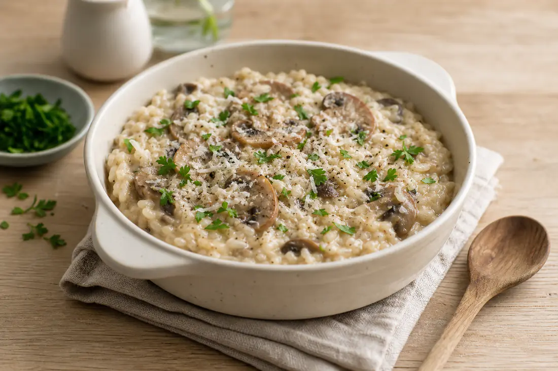 Risotto crémeux aux champignons et au parmesan dans un plat à gratin rond, avec du persil frais et du poivre