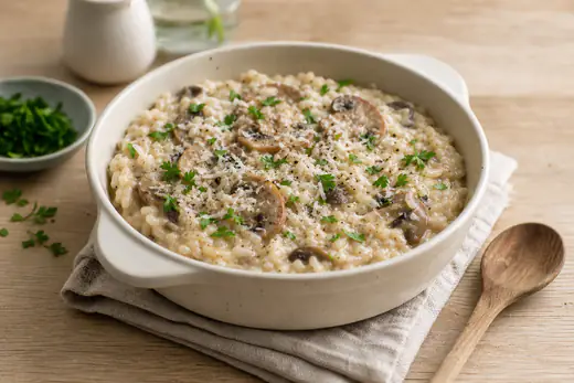 Risotto crémeux aux champignons et au parmesan dans un plat à gratin rond, avec du persil frais et du poivre