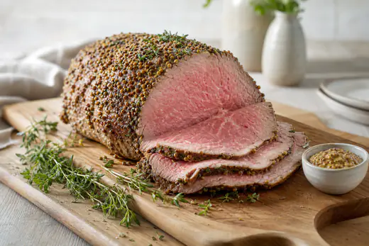 Un rôti de bœuf doré, tranché en fines tranches rosées, posé sur une planche à découper avec du thym et de la moutarde