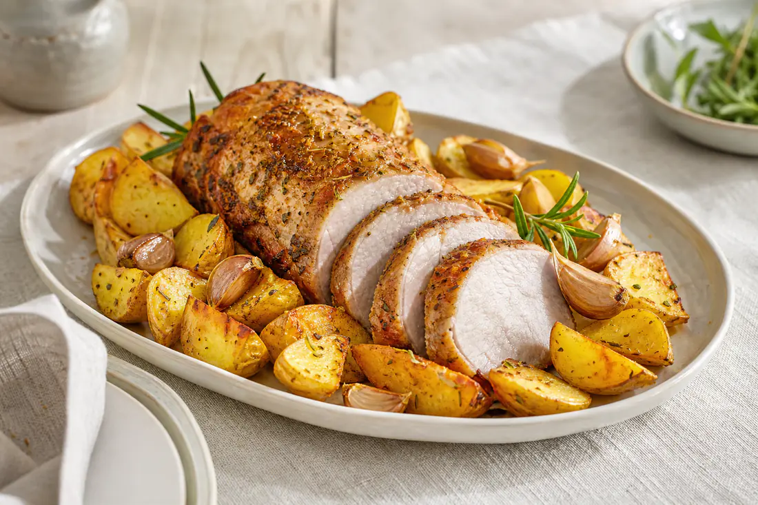 Rôti de porc doré tranché, entouré de quartiers de pommes de terre dorés et de gousses d’ail, servi dans un plat