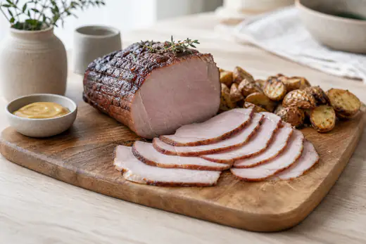 Rôti de porc fumé rosé tranché en tranches fines sur une planche, avec des pommes de terre rôties