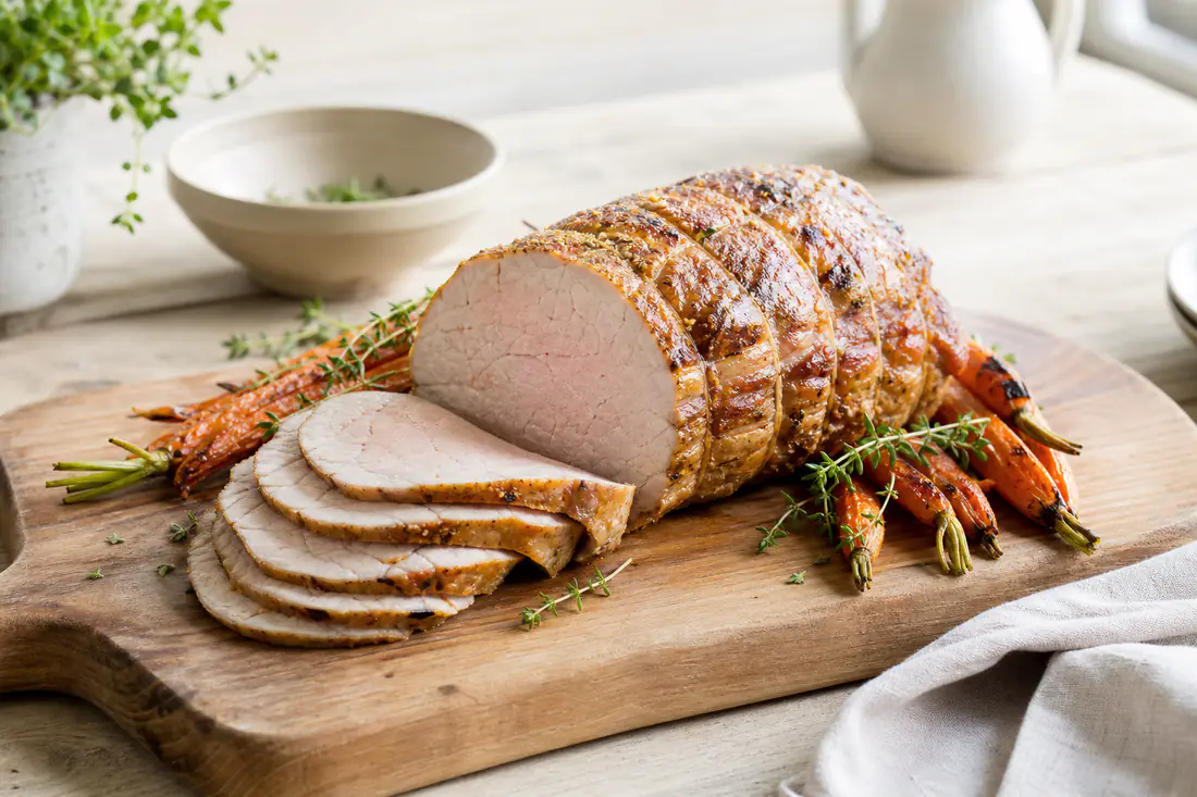 Rôti de veau ficelé doré, tranché en rondelles rosées sur une planche en bois, avec des carottes rôties et du thym