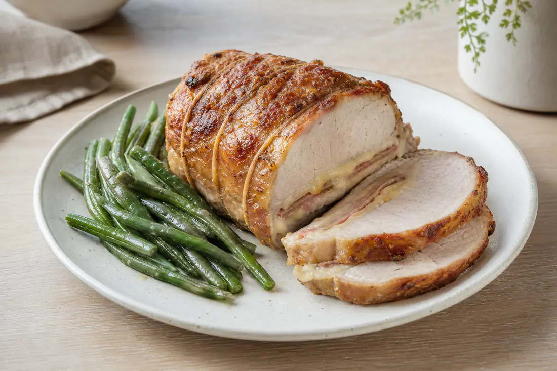 Rôti Orloff doré, ficelé, tranché en deux épaisses tranches montrant le fromage fondu et le bacon entre les tranches de porc, servi avec des haricots verts
