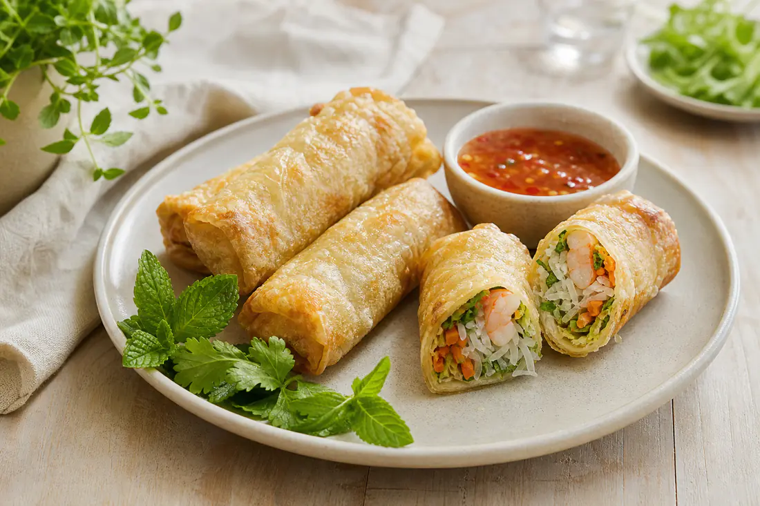 Rouleaux de printemps dorés et croustillants, dont l’un est coupé en deux et laisse voir les crevettes et les légumes, avec une sauce