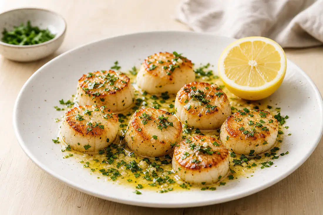 Noix de Saint-Jacques dorées sur une assiette blanche, avec un filet de beurre à l’ail, du persil frais et un demi-citron