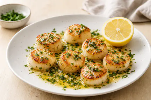 Noix de Saint-Jacques dorées sur une assiette blanche, avec un filet de beurre à l’ail, du persil frais et un demi-citron