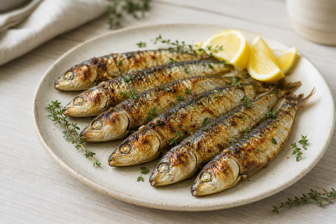Six sardines entières grillées à la peau dorée et croustillante, servies sur une assiette avec des quartiers de citron et du thym