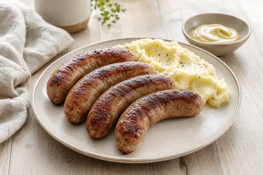 Quatre grosses saucisses de Toulouse bien dorées, légèrement bombées, posées sur une assiette avec de la moutarde et de la purée