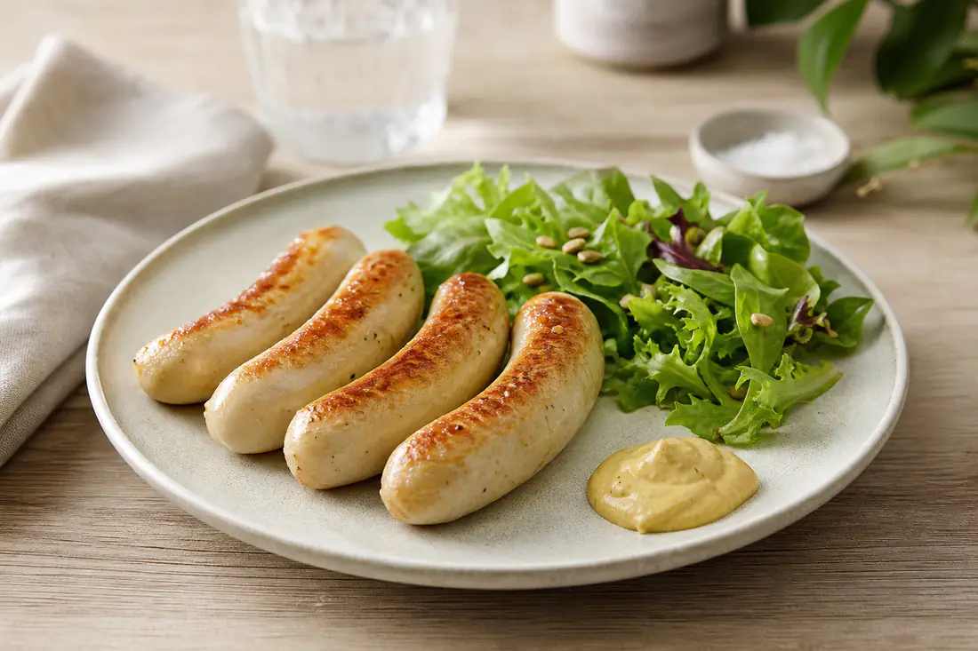 Quatre saucisses blanches dorées sur une assiette, avec de la moutarde et une salade verte