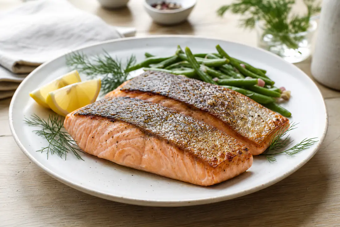 Deux pavés de saumon dorés à la peau croustillante, posés sur une assiette avec des quartiers de citron, des haricots verts et de l’aneth