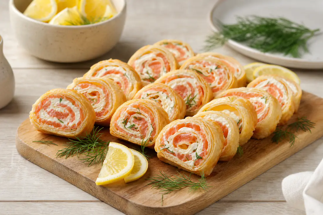 Roulés feuilletés dorés au saumon fumé et au fromage frais, coupés en spirales et servis sur une planche avec de l’aneth et du citron