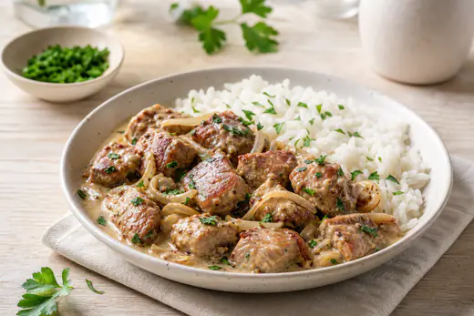 Un sauté de porc dans un plat, des cubes d’échine dorés nappés d’une sauce crémeuse à la moutarde, avec du riz et du persil