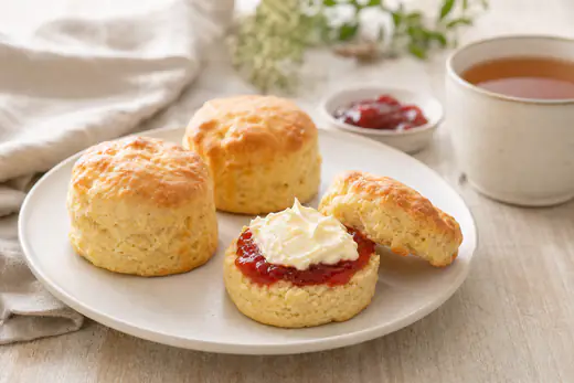 Scones ronds dorés, dont un coupé en deux et garni de confiture de fraises et de crème épaisse, sur une assiette blanche