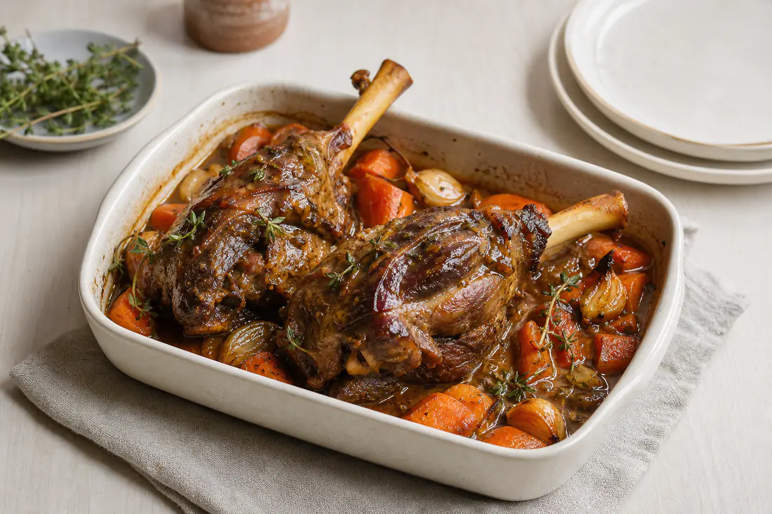 Deux souris d’agneau braisées, dorées et brillantes, dans un plat avec des carottes, de l’ail et du thym, l’os apparent
