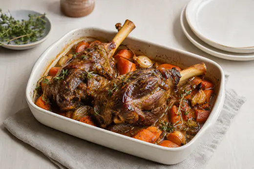 Deux souris d’agneau braisées, dorées et brillantes, dans un plat avec des carottes, de l’ail et du thym, l’os apparent