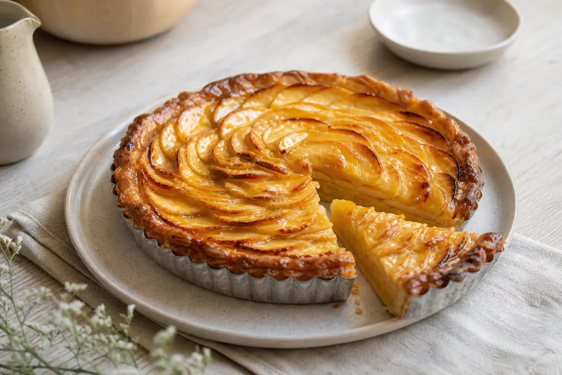 Tarte aux pommes ronde en rosace de lamelles dorées, bords caramélisés, dans un petit moule en métal avec une part découpée