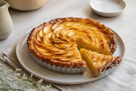 Tarte aux pommes ronde en rosace de lamelles dorées, bords caramélisés, dans un petit moule en métal avec une part découpée
