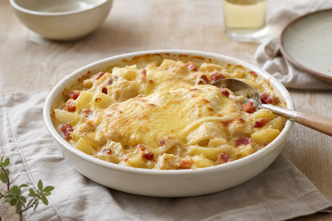 Tartiflette dorée dans un petit plat rond, reblochon fondu sur les pommes de terre, lardons et oignons, avec une cuillère de service