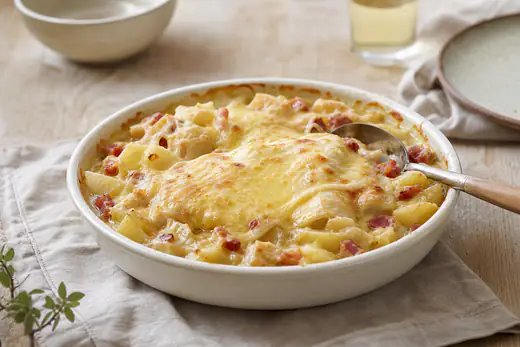 Tartiflette dorée dans un petit plat rond, reblochon fondu sur les pommes de terre, lardons et oignons, avec une cuillère de service
