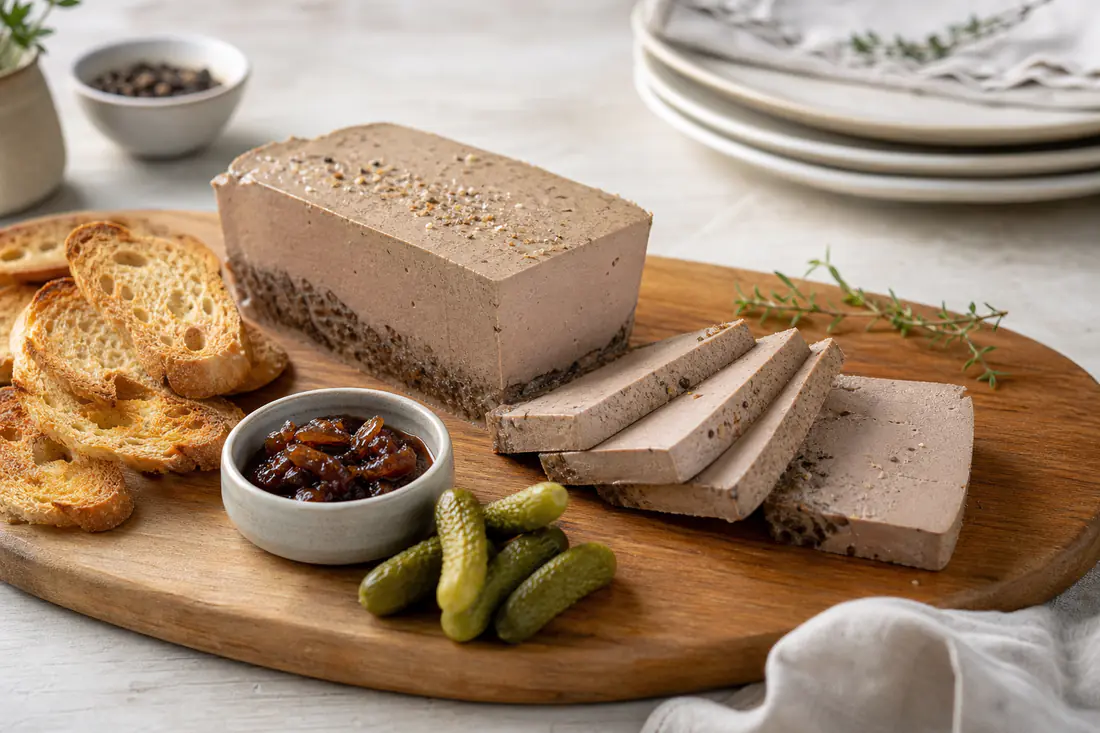 Terrine de foies de volaille tranchée, au grain lisse, servie sur du pain grillé avec des cornichons et de la confiture d’oignons