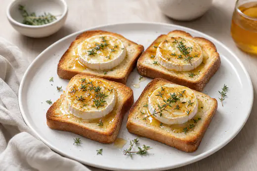 Quatre toasts de pain de mie dorés garnis de rondelles de chèvre fondu, de miel et de thym, sur une assiette blanche