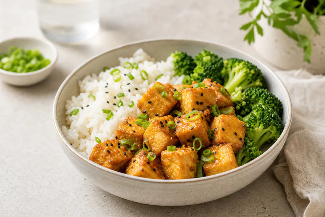 Cubes de tofu croustillants et dorés, avec des graines de sésame et de la ciboule, dans un bol avec du riz et du brocoli