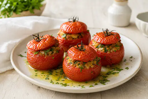 Quatre tomates farcies rôties avec leur chapeau, peau ridée et farce dorée, posées sur un plat avec du persil et un filet d’huile d’olive