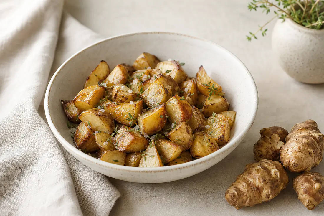 Morceaux de topinambours rôtis dorés avec la peau, parsemés de thym et de sel, dans un bol en céramique