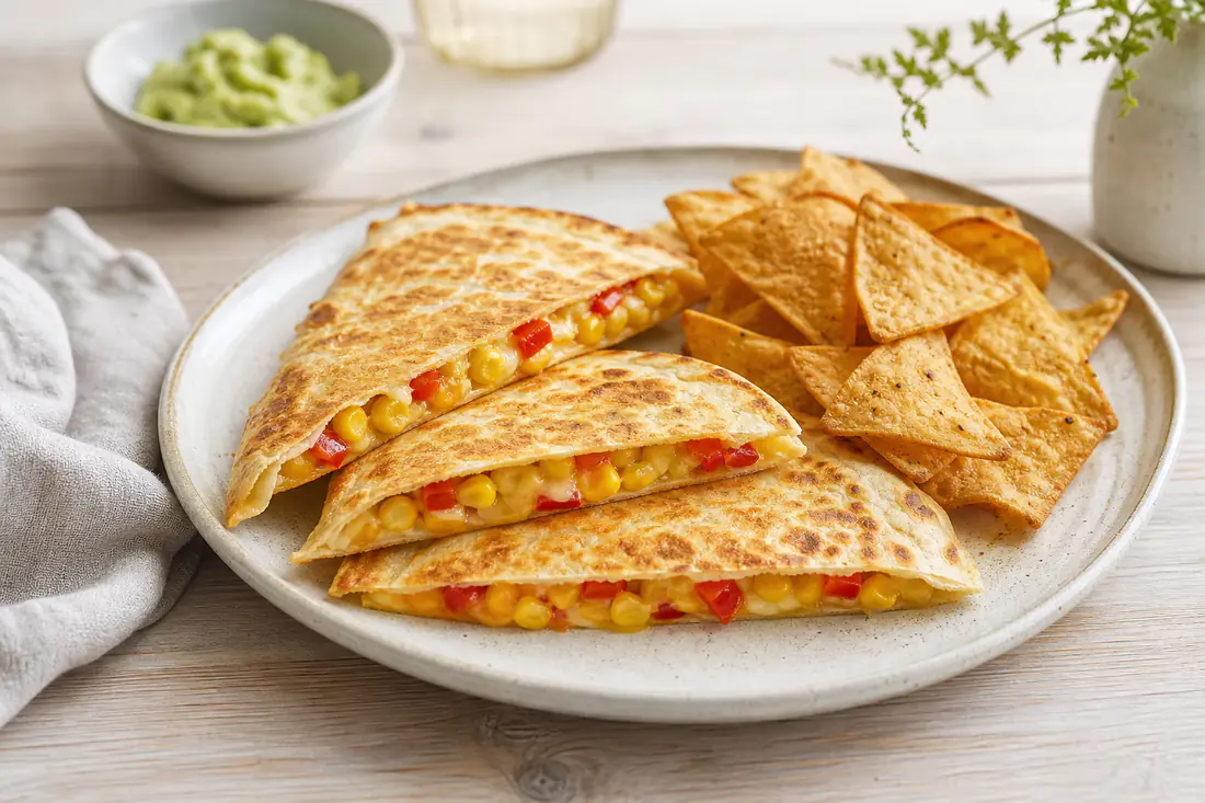 Deux quesadillas grillées, coupées en parts pour montrer le fromage fondu, le maïs et le poivron, avec des chips de tortilla dorées à côté