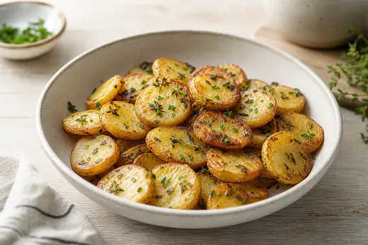 Rondelles de pommes de terre dorées et croustillantes sur les bords, saupoudrées de persil haché et de thym, dans une assiette creuse