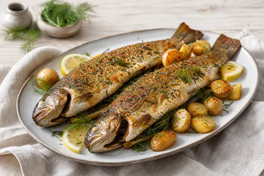 Deux truites entières cuites, à la peau dorée, posées sur une assiette avec des rondelles de citron, de l’aneth et des pommes de terre