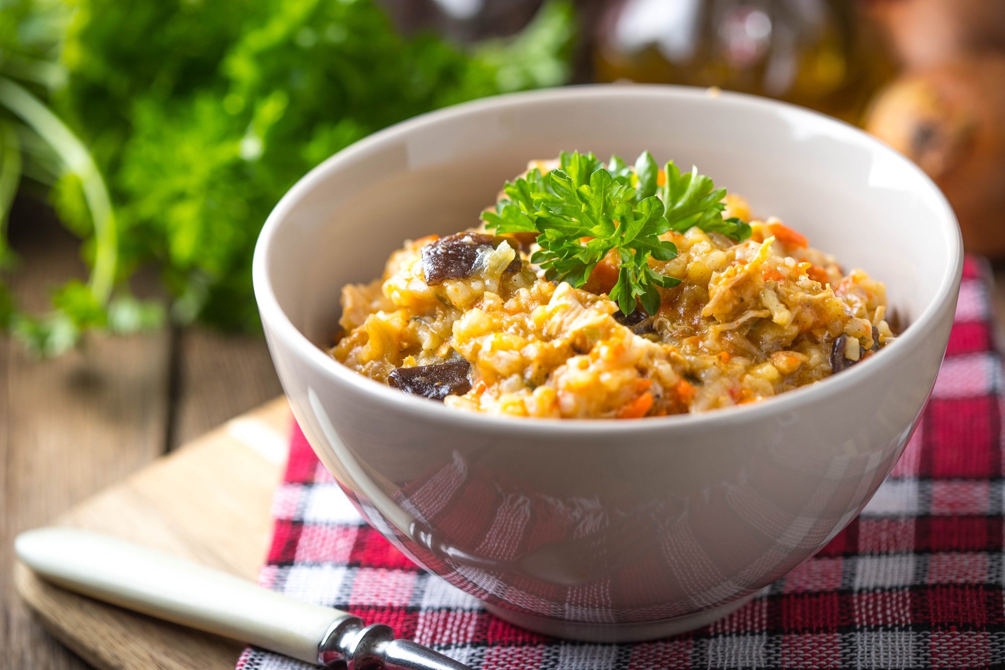 Un plat de risotto crémeux préparé dans une airfryer.