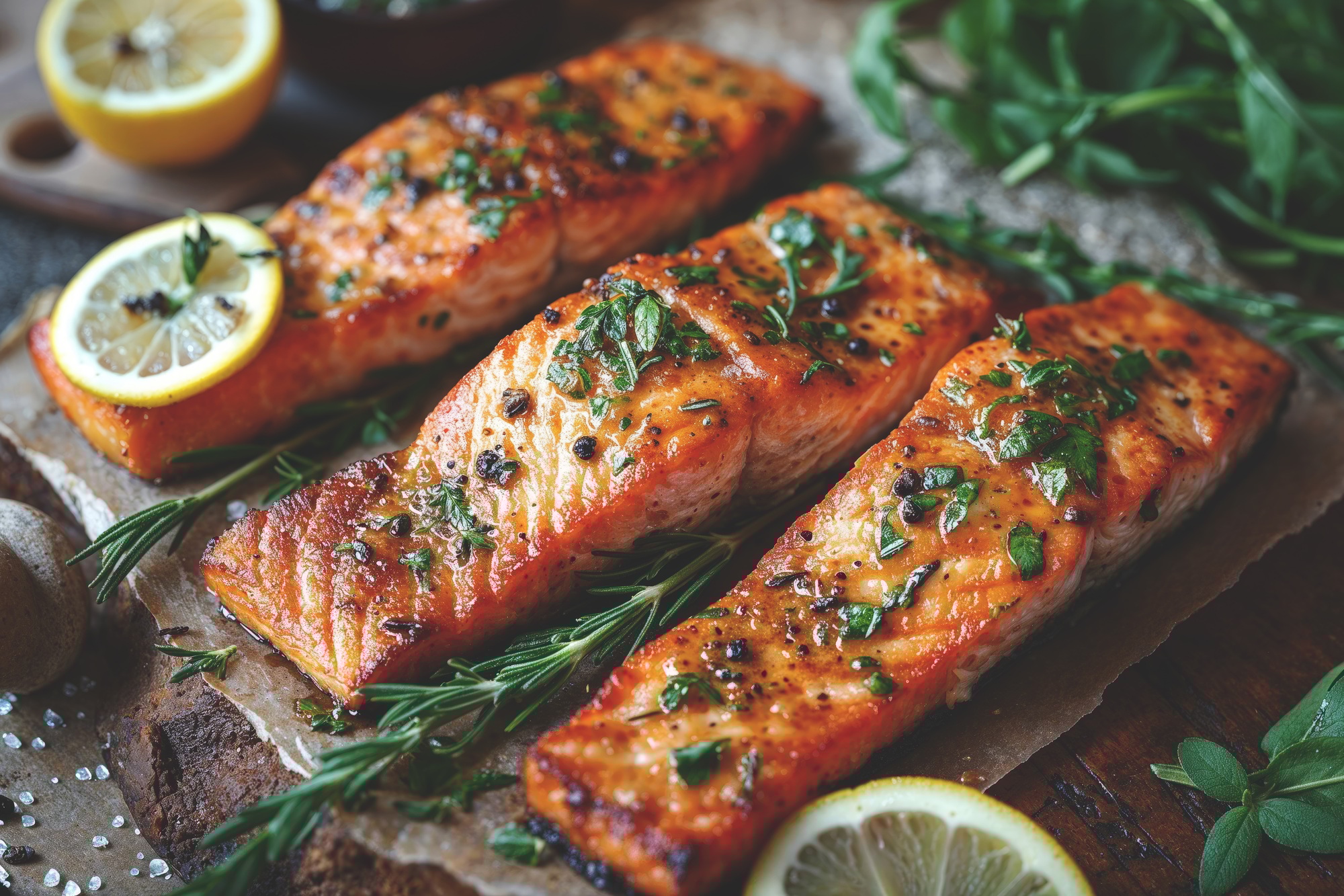 Filets de poisson dorés cuits dans l'airfryer, servis avec des rondelles de citron.